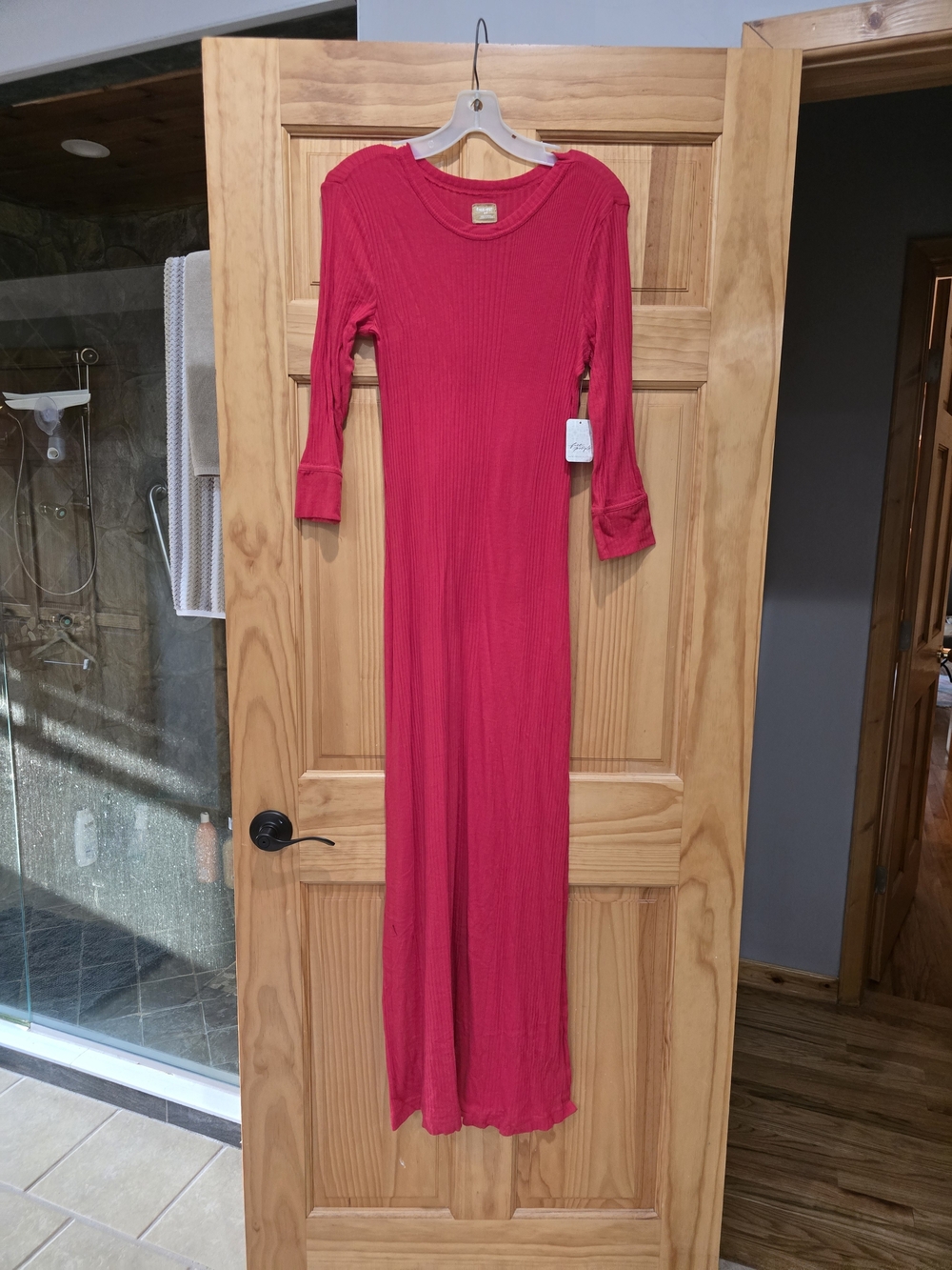 Free People Red Ribbed Long Sleeve Maxi Dress
